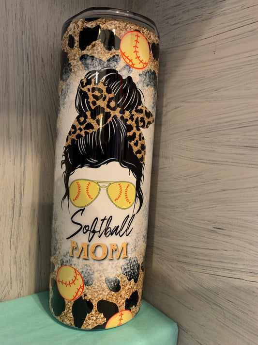 Softball Mom Messy Bunn 20 oz Tumbler